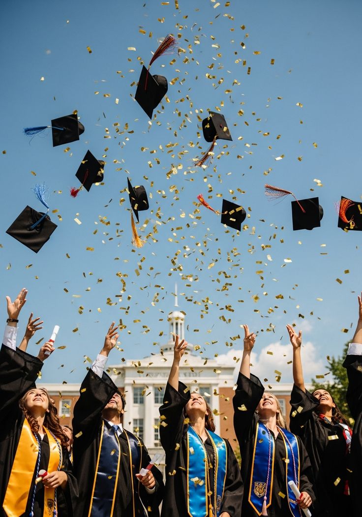 Graduates celebrating by throwing their caps
